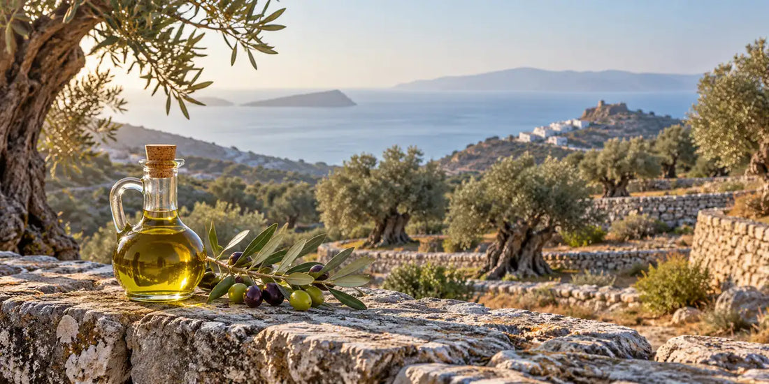 Ancient olive trees on stone terraces above the Aegean, with a glass cruet of golden-green oil on a wall