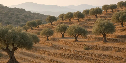 Terraced Greek olive grove of mature silvery trees on low hills with dry stone walls in morning light