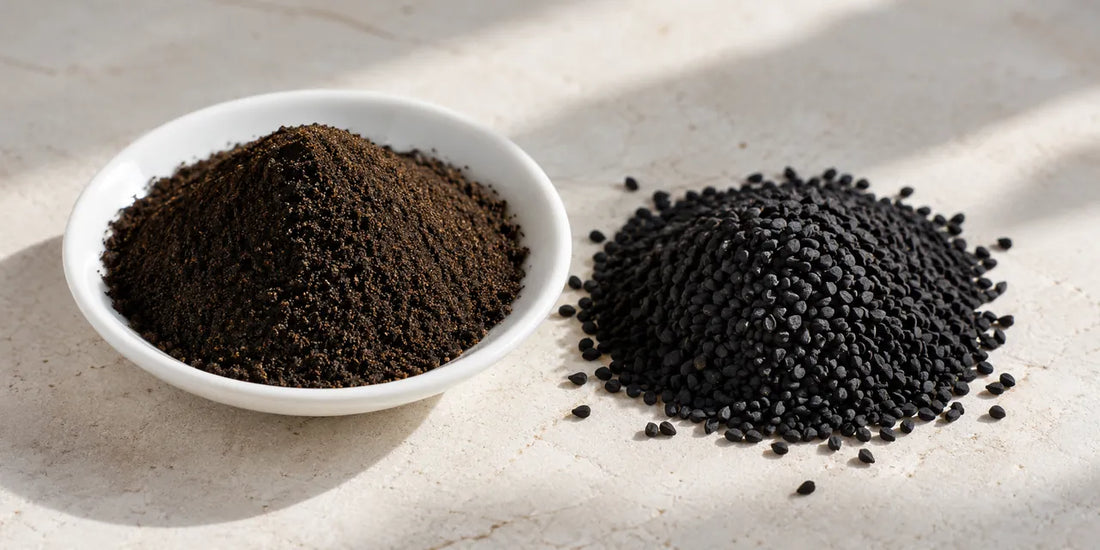 Small dish of dark ground spice powder beside a heap of matte black whole seeds on pale stone