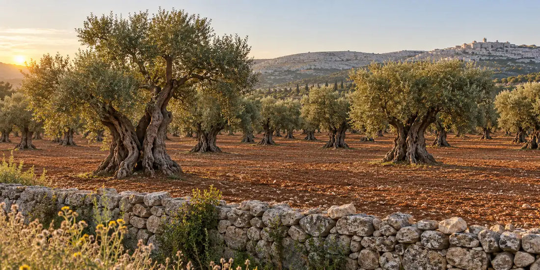 Ancient gnarled olive trees in rows on red-brown earth behind a dry-stone wall at sunrise in Puglia
