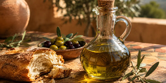 Rich golden-green olive oil in a glass cruet beside rustic bread and olives on a sunlit Moroccan table in warm light