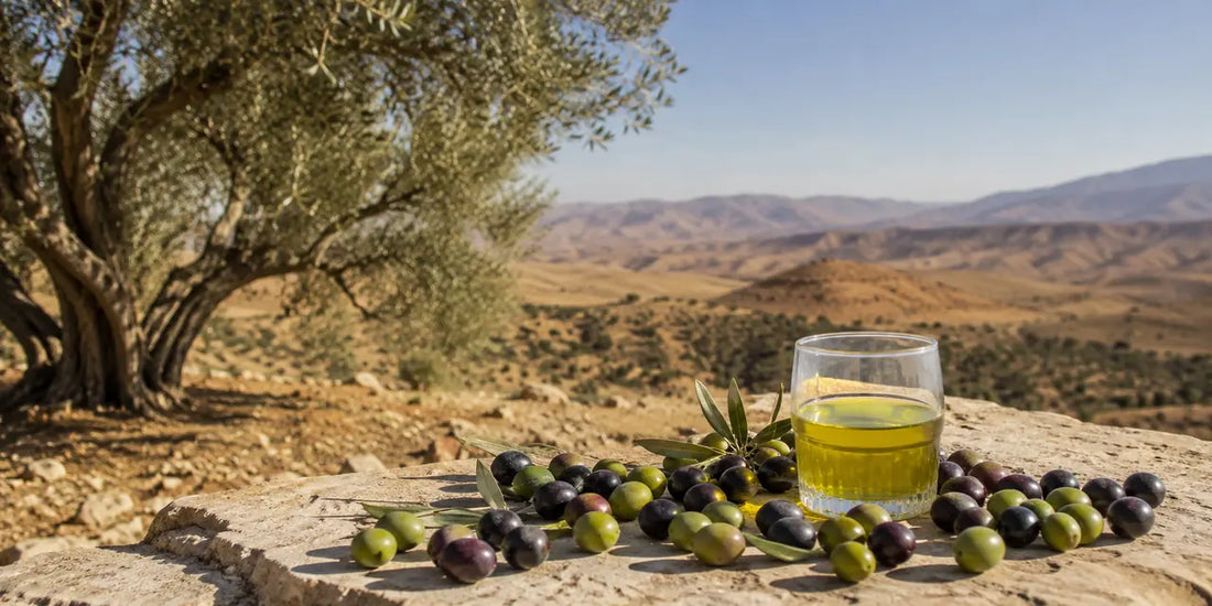 Olive trees in an arid Moroccan landscape beside a small glass of vivid golden-green olive oil and fresh olives on a pale stone ledge