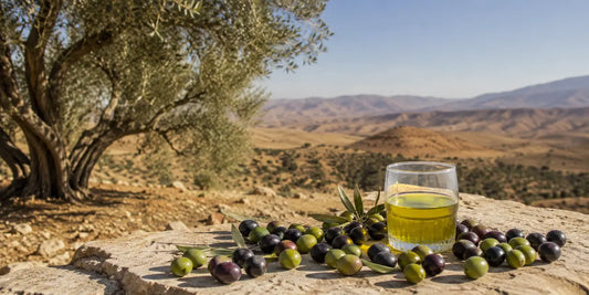 Olive trees in an arid Moroccan landscape beside a small glass of vivid golden-green olive oil and fresh olives on a pale stone ledge