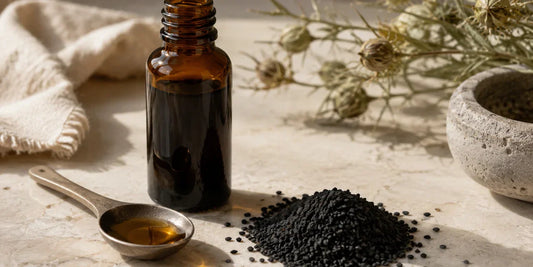 Dark glass black seed oil bottle beside scattered matte black Nigella sativa seeds on a pale stone surface in warm directional light