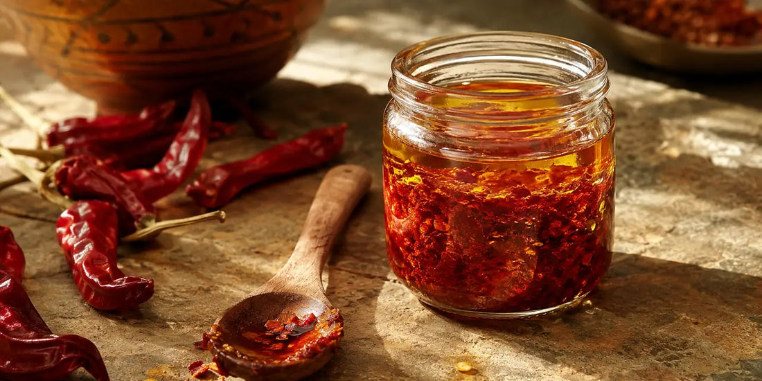 A glass jar of deep red harissa chilli oil with golden olive oil on top beside dried chillies on stone