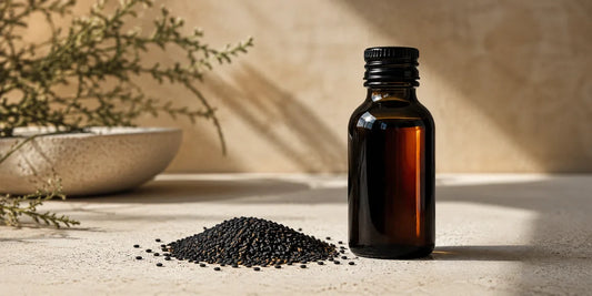 Dark glass black seed oil bottle of deep amber oil beside scattered matte black cumin seeds on pale stone surface
