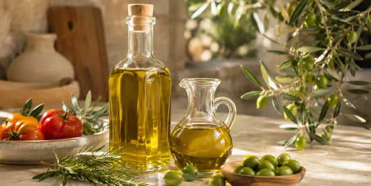 A glass bottle and carafe of rich golden-green olive oil with olives, leaves, rosemary and tomatoes on pale stone