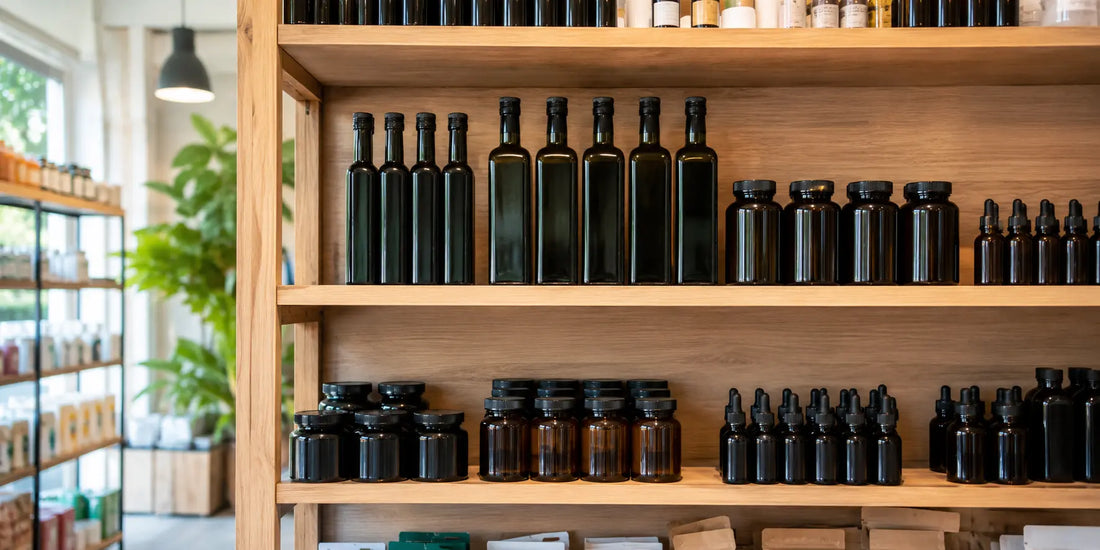 Brightly lit retail health shop shelf displaying various unbranded glass bottles of oil and supplements in soft daylight