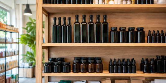 Brightly lit retail health shop shelf displaying various unbranded glass bottles of oil and supplements in soft daylight