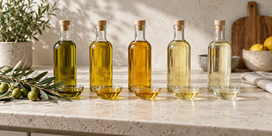 Row of unbranded glass bottles and dishes of different cooking oils beside an olive branch on pale stone