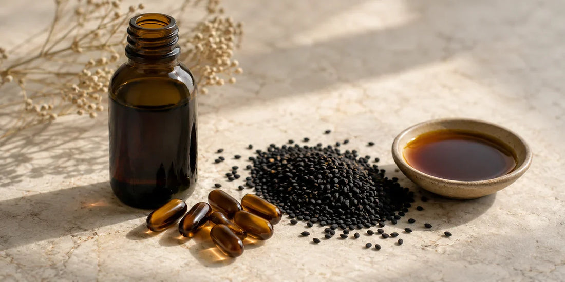 Dark glass black seed oil bottle beside amber softgel capsules and scattered matte black seeds on pale stone in warm light
