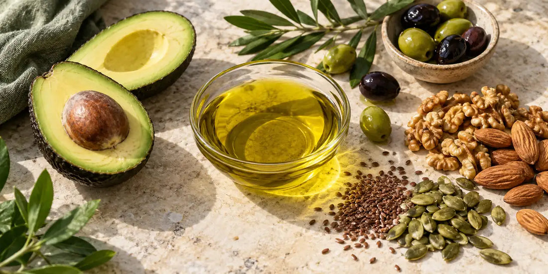 Overhead spread of golden-green olive oil in a glass dish, halved avocado, walnuts, almonds, seeds and olives