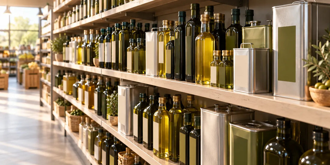 Long grocery shelf of unbranded olive oil bottles and tins in varied sizes, lit by warm afternoon daylight