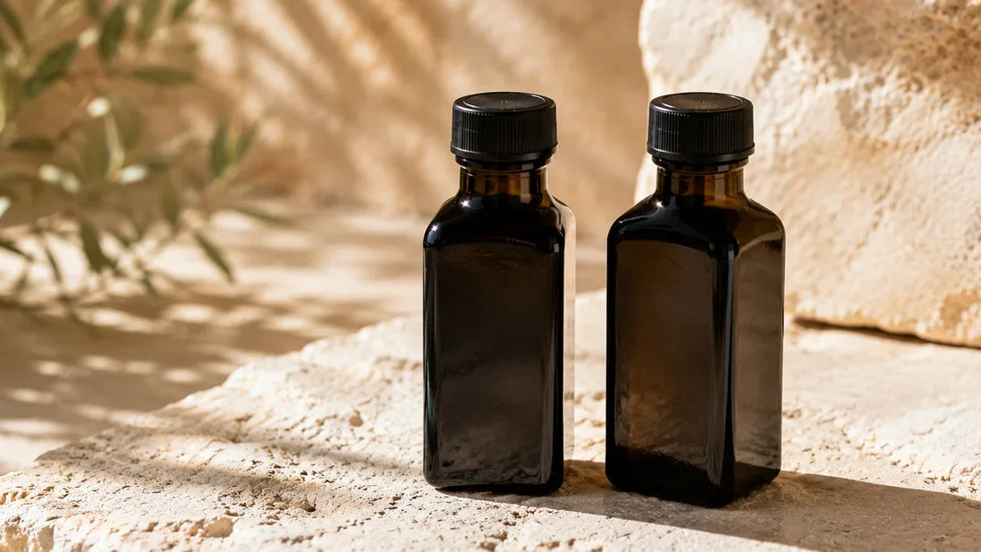 Two dark glass black seed oil bottles side by side on a pale stone surface in warm directional light