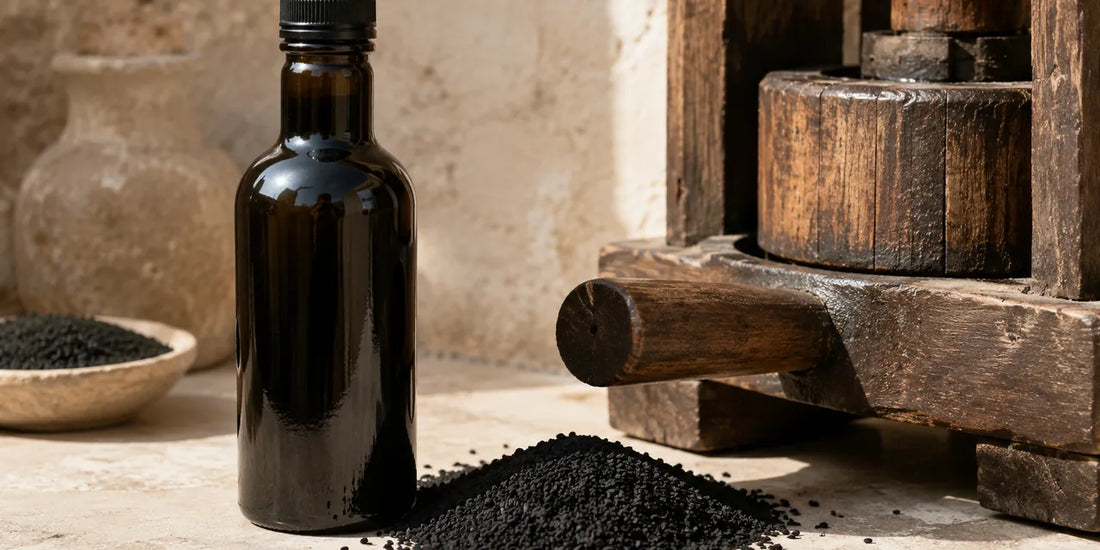Dark glass black seed oil bottle beside scattered black seeds and a worn wooden press on a pale stone surface in warm light