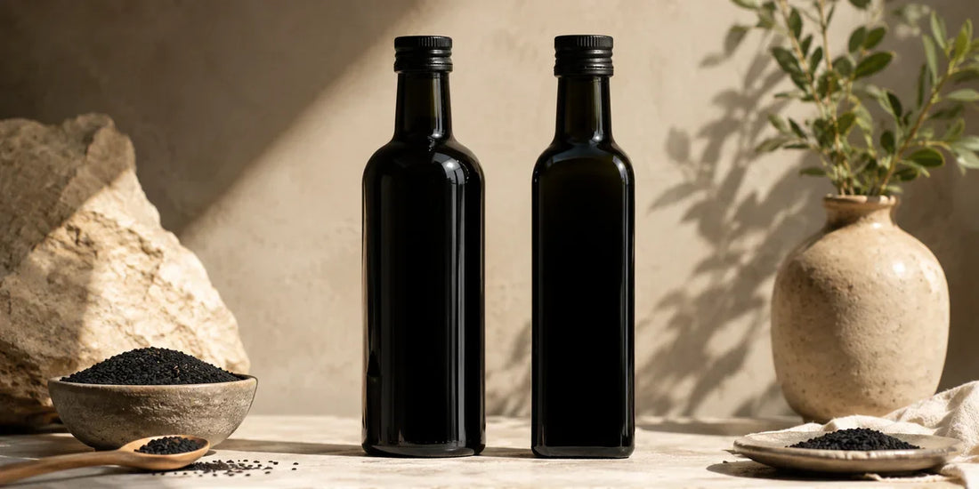 Two dark glass black seed oil bottles side by side on a pale stone surface in warm directional light