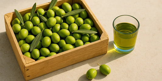Wooden crate of freshly picked green olives beside a tasting glass of vivid green-gold oil on pale stone