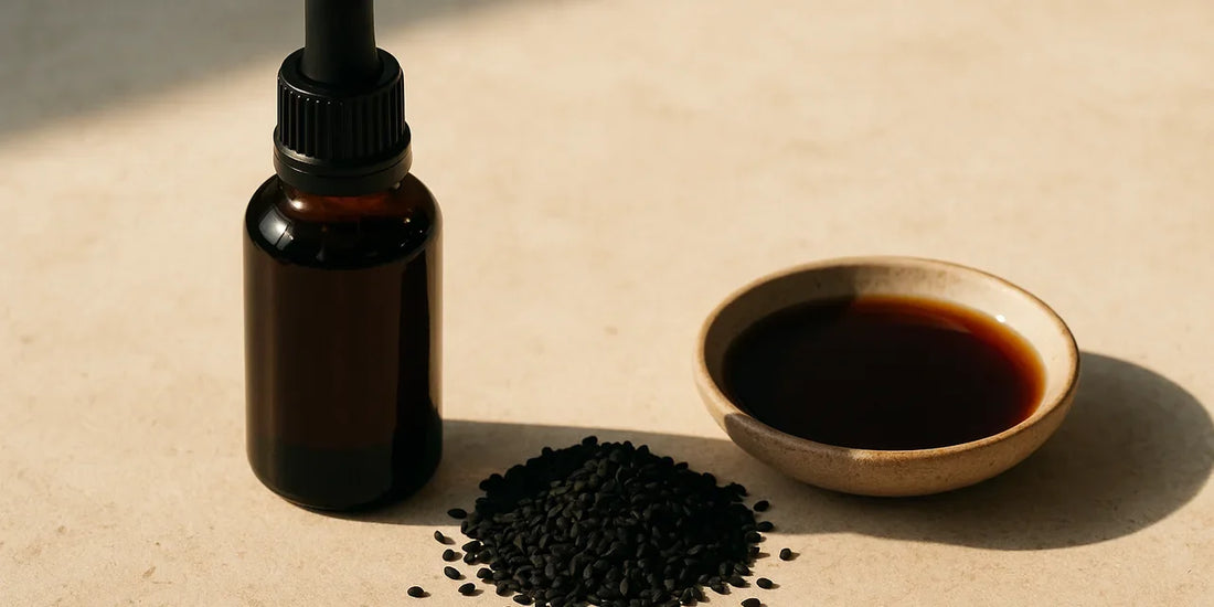Dark glass black seed oil bottle beside matte black seeds and a dish of deep amber oil on pale stone
