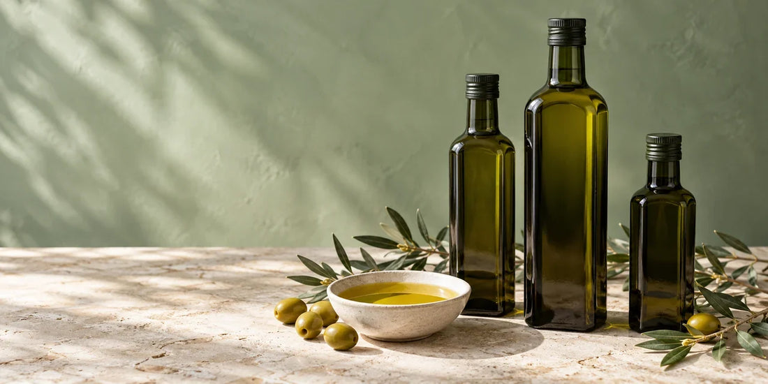 Three unbranded dark glass bottles stand beside golden olive oil, green olives and leafy twigs on limestone.