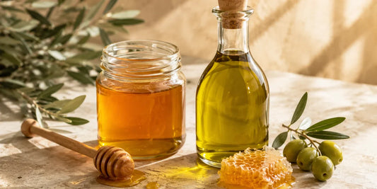 A glass jar of golden honey with a wooden dipper beside a glass bottle of rich golden-green olive oil on stone