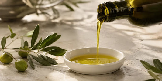 Rich golden-green extra virgin olive oil pouring from a dark glass bottle into a white dish beside fresh olives in warm daylight
