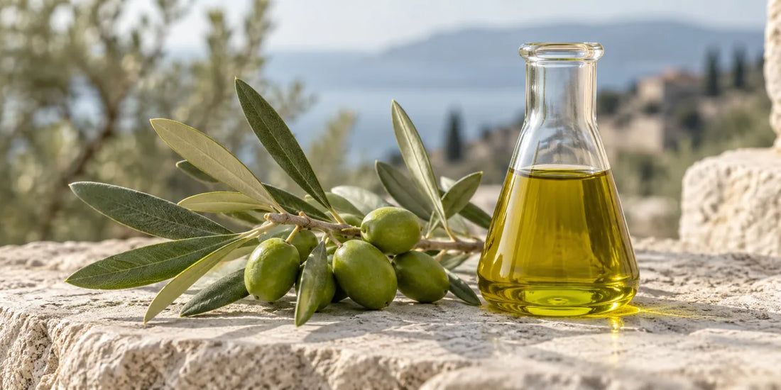 Olive branch with green unripe olives beside a laboratory flask of golden-green olive oil on limestone