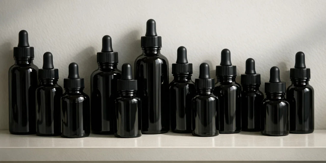 Row of unbranded dark glass dropper bottles of varied heights on a clean pale shelf in soft light