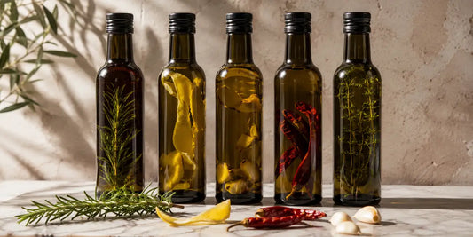 Five dark glass bottles of golden-green olive oil with rosemary, lemon peel, dried chillies and garlic on pale stone
