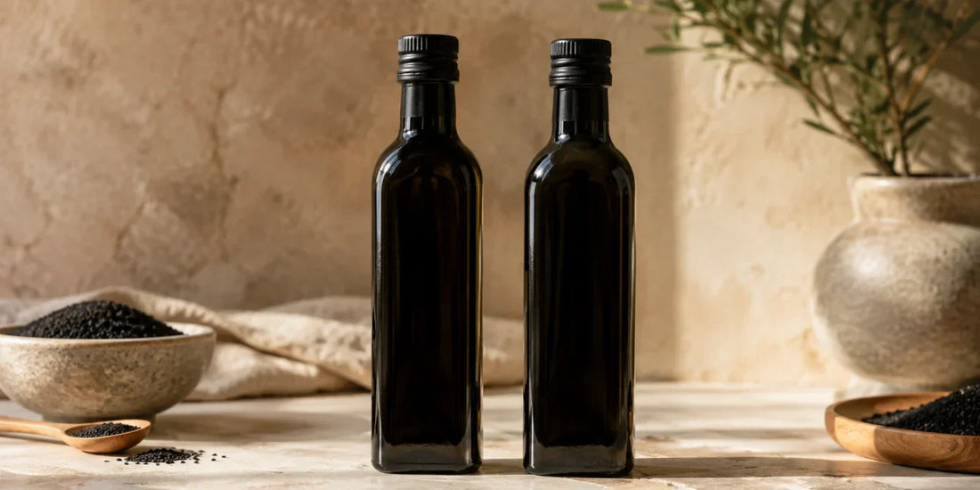 Two dark glass black seed oil bottles side by side on a pale stone surface in warm directional light