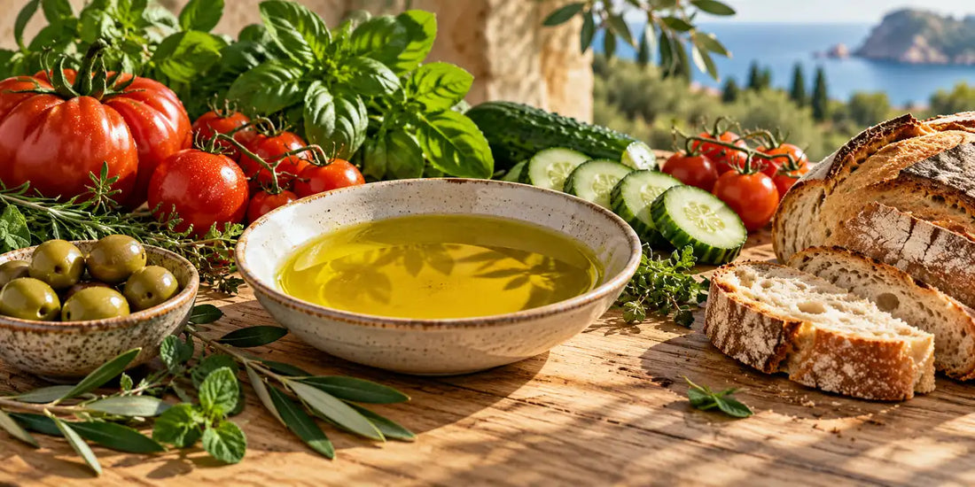 A bowl of golden green olive oil beside tomatoes, cucumber, olives, herbs and bread on wood.