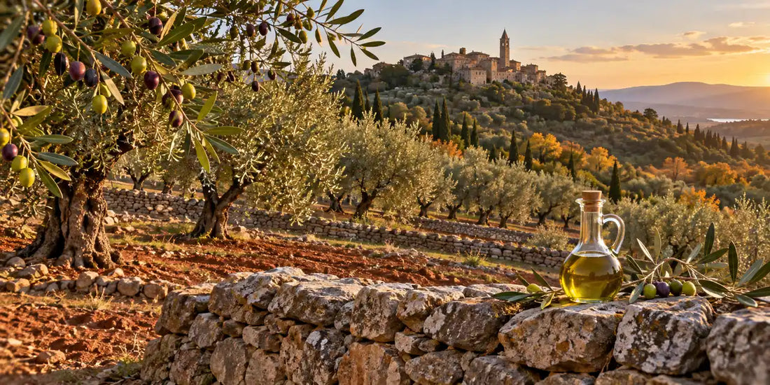 Terraced olive grove on rust-red soil below a hilltop village, a cruet of golden-green oil on stone