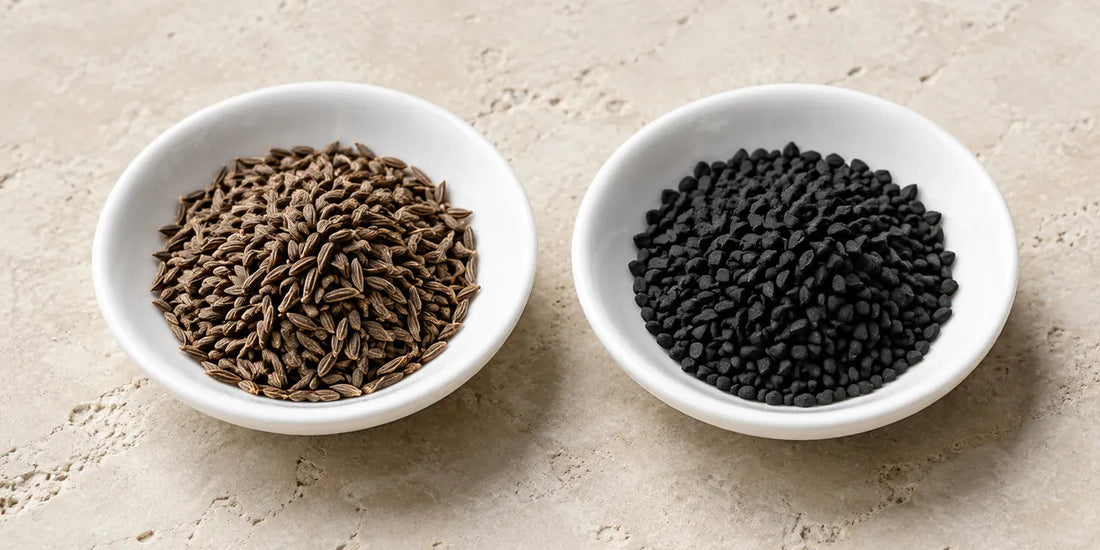 Two unmarked white dishes side by side, one of slender ridged brown seeds, one of angular black seeds