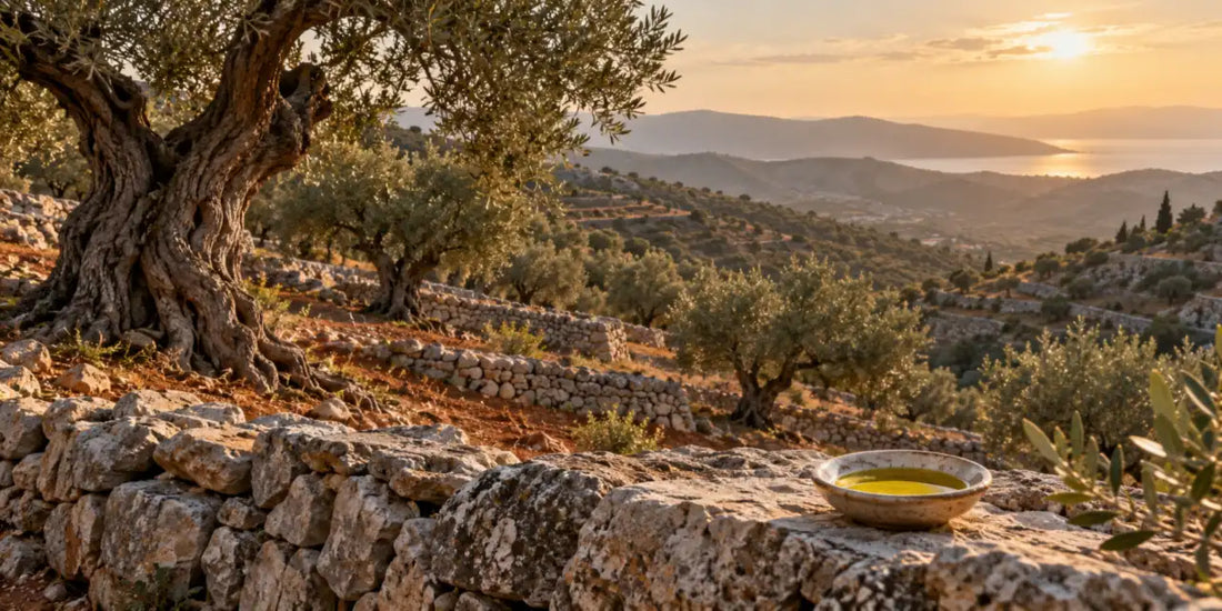 Ancient olive trees on terraced limestone hills at low sun, with a dish of golden-green olive oil