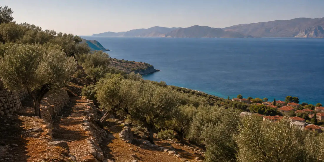 Terraced olive groves running down a stony hillside towards a deep blue Mediterranean gulf in Greece
