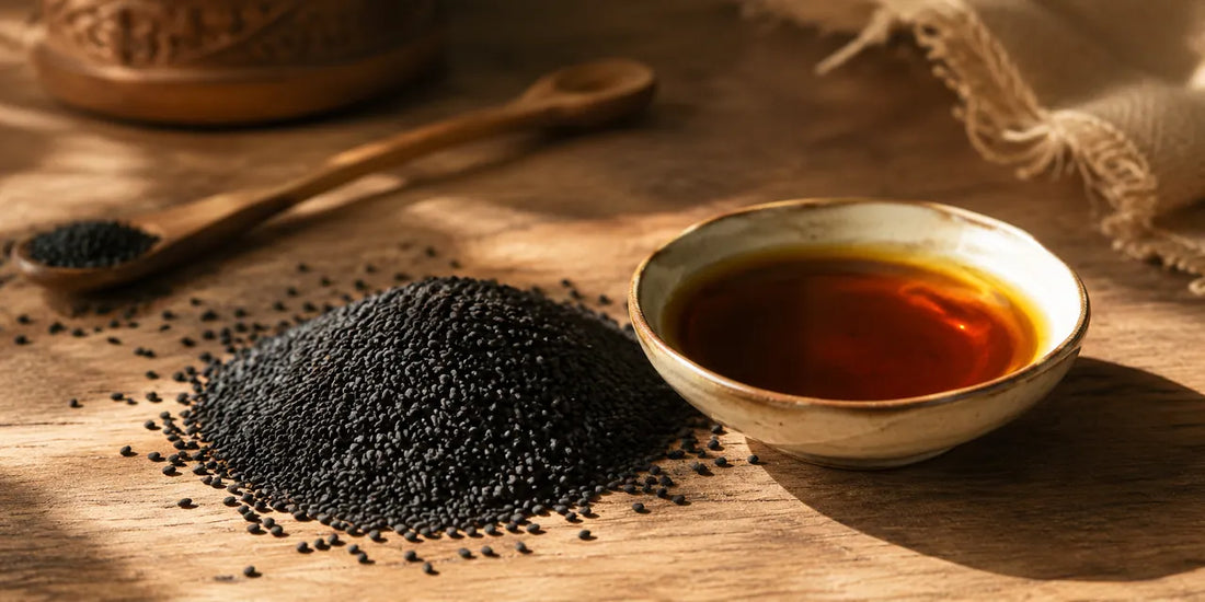 Scattered matte black kalonji seeds beside a small dish of deep amber oil on a warm wooden surface in soft light