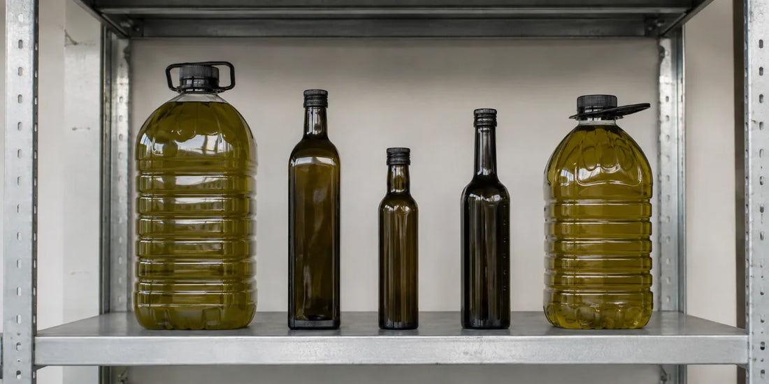 Row of unbranded olive oil bottles and large plastic jugs on a plain metal warehouse shelf in daylight