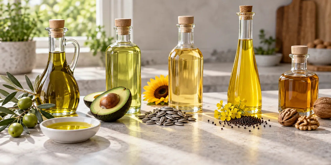 Five glass bottles of cooking oils on pale stone beside olives, avocado, sunflower seeds, rapeseed and walnuts