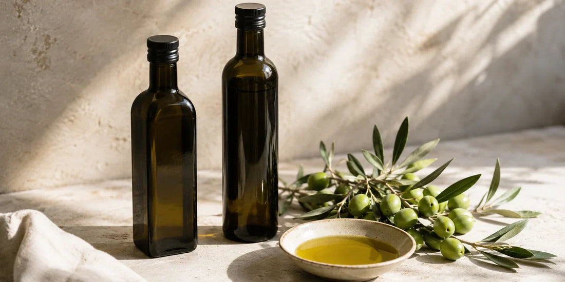 Two dark glass olive oil bottles beside fresh green olives and a dish of rich golden-green oil on pale stone