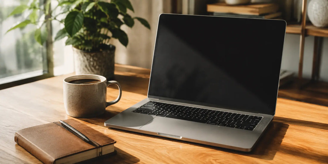 Modern laptop computer with blank dark screen beside a ceramic mug of coffee and a small notebook on a wooden desk in soft daylight