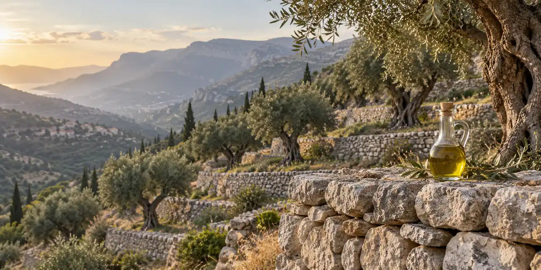 Gnarled olive trees on dry-stone mountain terraces with a glass cruet of golden-green olive oil on the wall