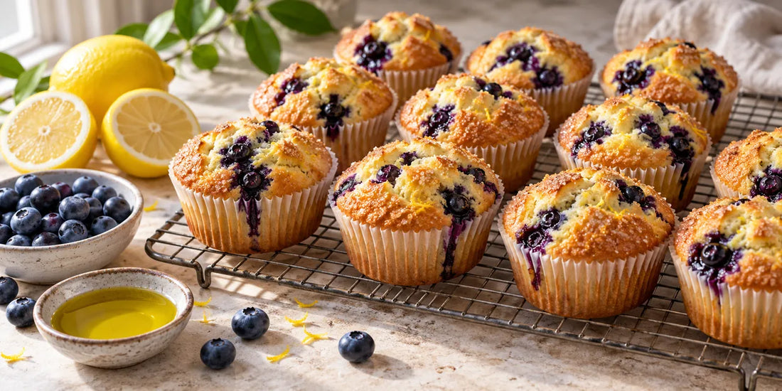 Golden domed lemon blueberry olive oil muffins with crunchy sugar tops cooling on a wire rack beside lemons