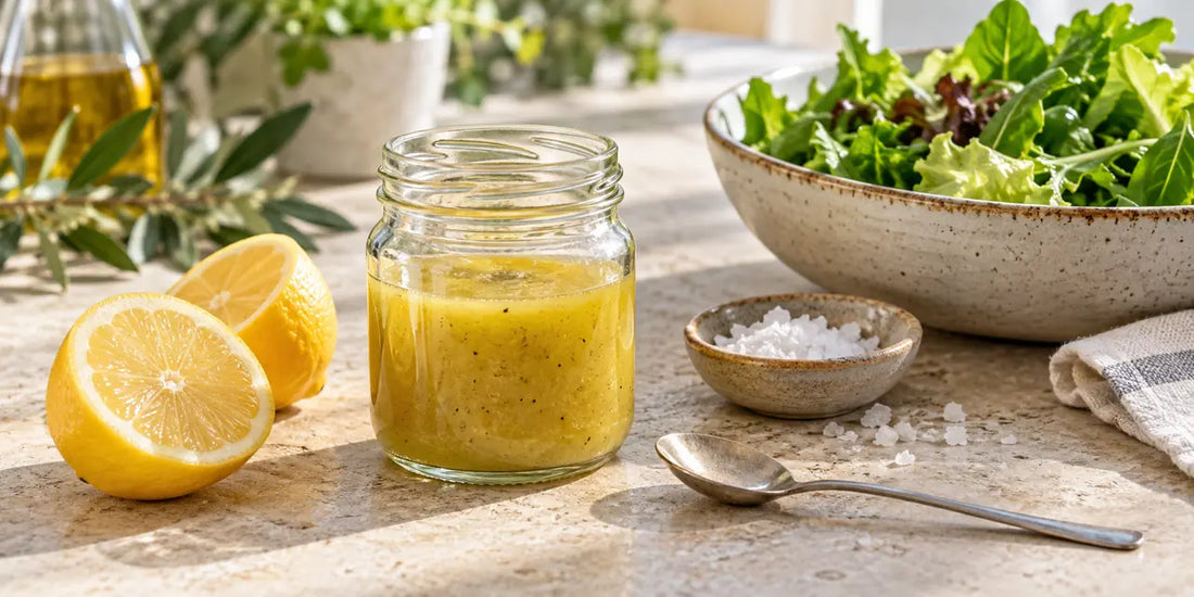 Glass jar of creamy lemon olive oil dressing beside halved lemons and a bowl of salad leaves on stone