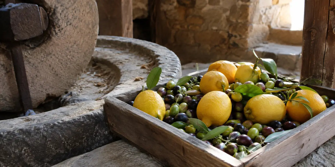 Wooden crate of whole yellow lemons mixed with fresh green and purple olives beside a stone mill wheel