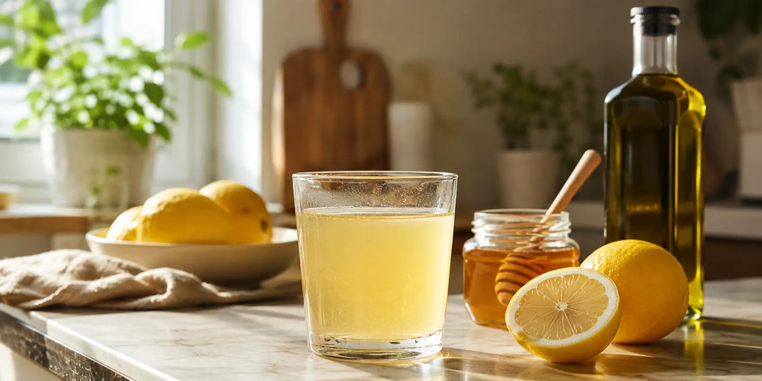 A glass of pale golden lemon and honey drink beside fresh lemons, a honey jar and a dark oil bottle on a kitchen counter