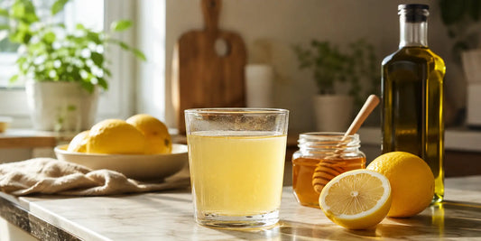 A glass of pale golden lemon and honey drink beside fresh lemons, a honey jar and a dark oil bottle on a kitchen counter