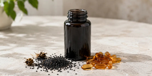 A dark glass supplement bottle and amber softgel capsules beside scattered matte black cumin seeds on a clean pale stone surface in soft light