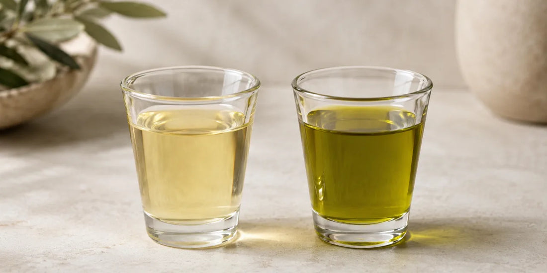 Two clear tasting glasses side by side on pale stone, one holding pale straw oil and one green-gold