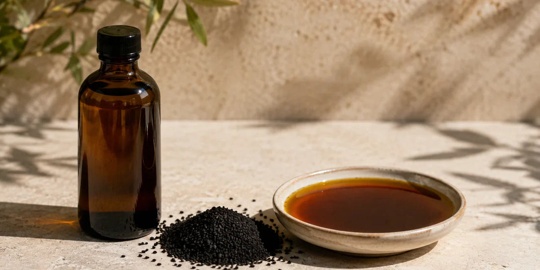 A dark glass black seed oil bottle beside scattered matte black cumin seeds and a small dish of deep bronze oil on a pale stone surface in warm directional daylight