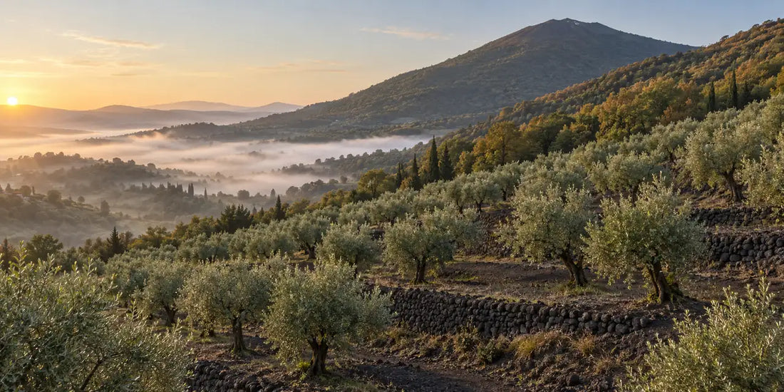 Terraced olive grove on dark volcanic slopes below a wooded mountain, with mist in the valley at sunrise