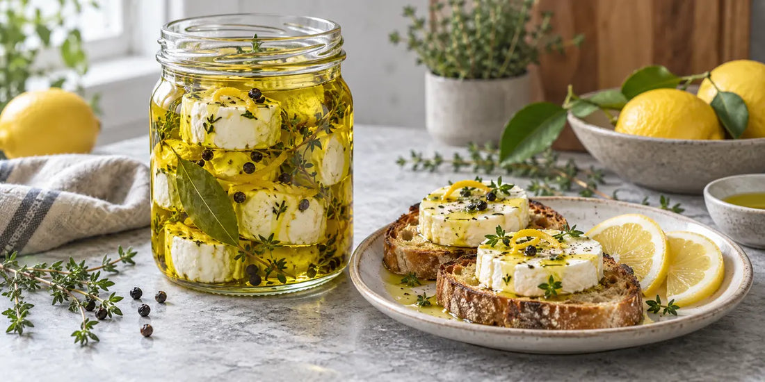 Glass jar of goat cheese rounds marinated in golden-green olive oil with thyme, lemon zest and peppercorns